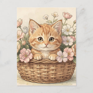 Süßes Ingwer-Kätzchen-Blumenkorb Postkarte