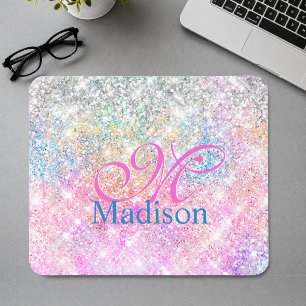 Süßes, irisierendes Einhorn rosa Glitter Monogramm Mousepad