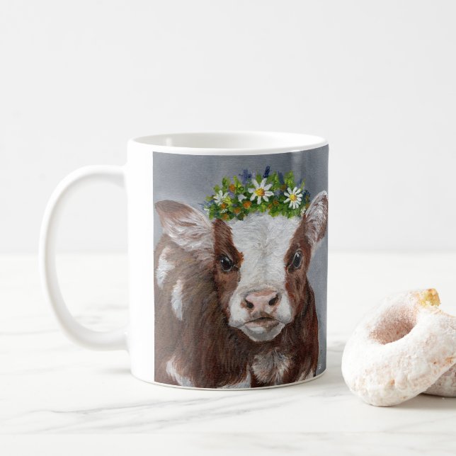 Süßes Kalb mit Blumenkrone Kaffeetasse (Mit Donut)