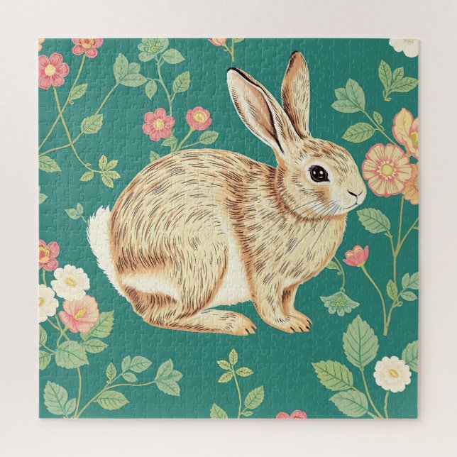 Süßes Kaninchen Blumendes Teal-Muster (Vertikal)