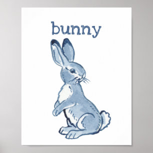 Süßes Kaninchen Häschen Blaue Aquarell-Tier-Natur Poster