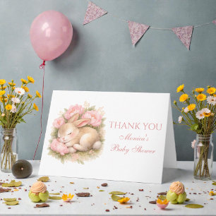 Süßes Kaninchen-Häschen Rosa Peonie Baby Shower Dankeskarte