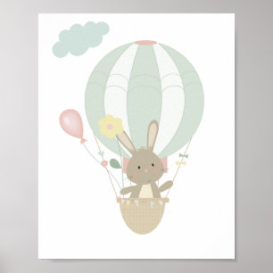 Süßes Kaninchen im blauen Heißluftballon Kinderzim Poster