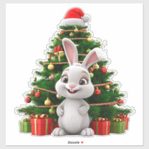 Süßes Kaninchen in Weihnachtsmütze am dekorierten Aufkleber