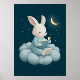 Süßes Kaninchen liest auf Wolken-Kinderzimmer-Bett Poster