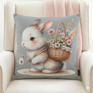 Süßes Kaninchen mit Blumen Aquarell Kunst Kissen
