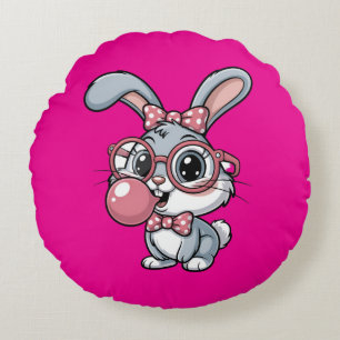 Süßes Kaninchen mit Brille, das Bubble Gum bläst Rundes Kissen