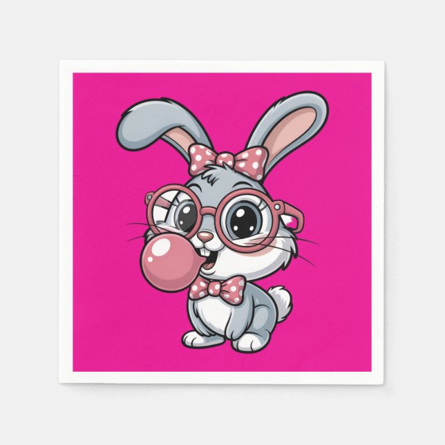 Süßes Kaninchen mit Brille, das Bubble Gum bläst Serviette (Vorderseite)