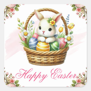 Süßes Kaninchen mit bunten Eiern Frohe Ostern Quadratischer Aufkleber