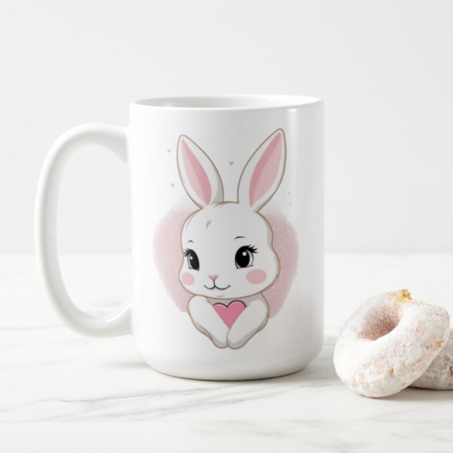 Süßes Kaninchen mit Herz | Romantisches Design Kaffeetasse (Mit Donut)