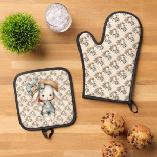 Süßes Kaninchen mit Latzhose, Strohhut und Fliege Ofenhandschuh & Topflappen-Set