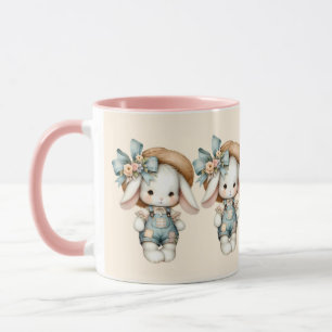 Süßes Kaninchen mit Latzhose, Strohhut und Fliege Tasse