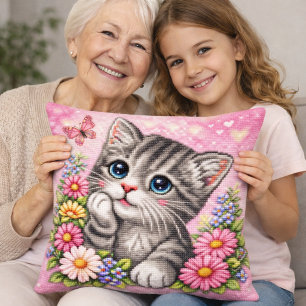 Süßes Kätzchen-Blumenmuster-Kreuzstich-Wurfkissen Kissen