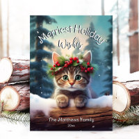 Süßes Kätzchen Fröhliche Weihnachten Schneien Wald