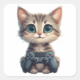 Süßes Kätzchen hält Spielcontroller Gamer-Katze Quadratischer Aufkleber