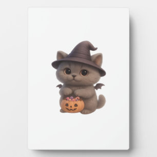 Süßes Kätzchen im Halloween-Hexenkostüm mit Kürbis Fotoplatte