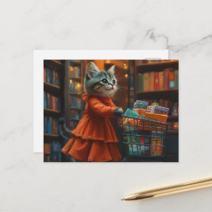 Süßes Kätzchen im orangen Kleid beim Einkaufen von Postkarte