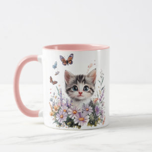 Süßes Kätzchen in Blumen- und Schmetterlingstasse Tasse