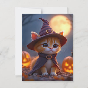 Süßes Kätzchen in einem Hexenkostüm, Halloween Postkarte
