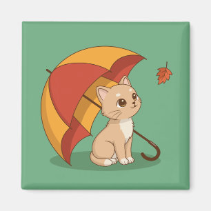 Süßes Kätzchen Katze Rot Gelb Regenschirm Fall Grü Magnet