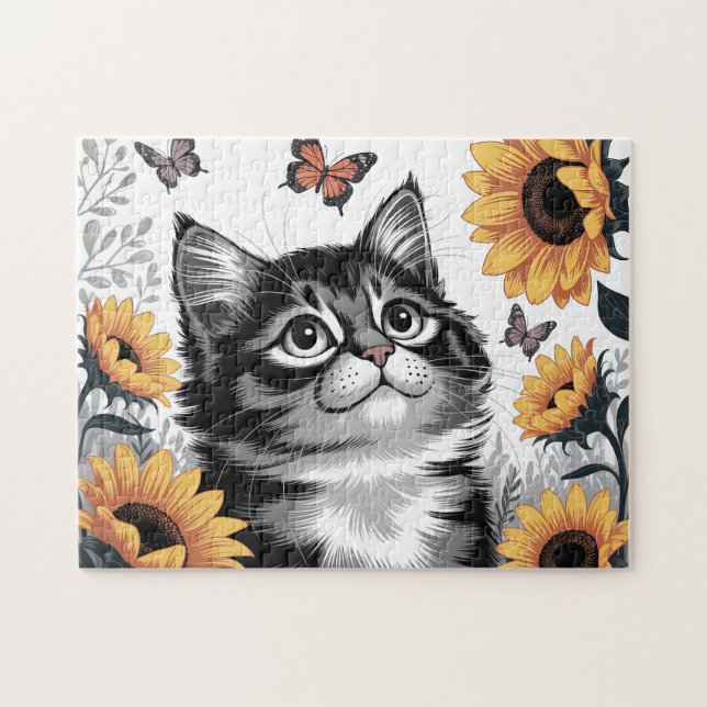 Süßes Kätzchen mit Sonnenblumen (Horizontal)