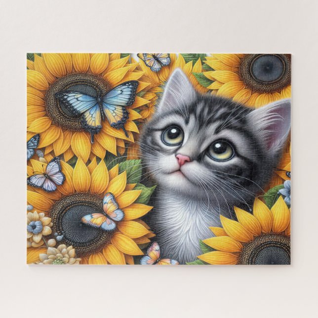 Süßes Kätzchen mit Sonnenblumen (Horizontal)