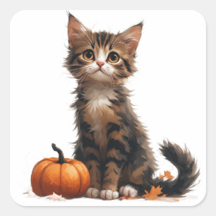 Süßes Kätzchen neben Kürbis Halloween 🎃 Quadratischer Aufkleber