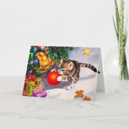 Süßes Kätzchen schwingt an Weihnachtsbaumschmuck Feiertagskarte