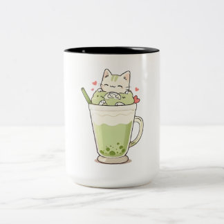 Süßes Katze Matcha Boba Getränk Kawaii Design Zweifarbige Tasse