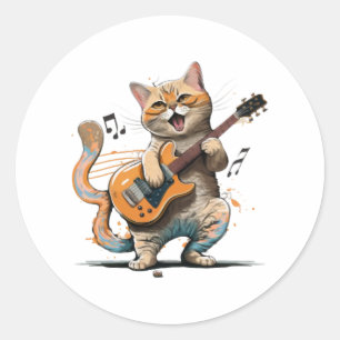 Süßes Katze spielt Gitarre Shirt, Coole Kitty Gita Runder Aufkleber