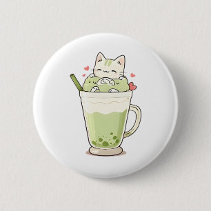 Süßes Katzen-Matcha-Boba-Getränk Kawaii-Design Button