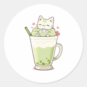 Süßes Katzen-Matcha-Boba-Getränk Kawaii-Design Runder Aufkleber