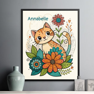 Süßes Katzenposter mit Blumen Poster
