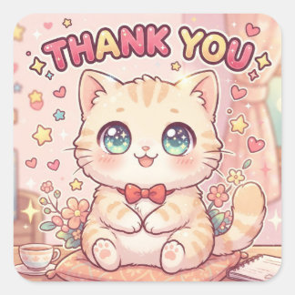Süßes Kawaii Anime Chibi Danke Katze Quadratischer Aufkleber