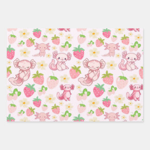 Süßes Kawaii-Axolotl- und Erdbeeren-Nahtlosmuster Geschenkpapier Set