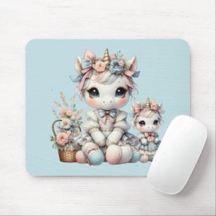 Süßes Kawaii-Einhorn-Mutter-Tochter-Duo Blau Mousepad