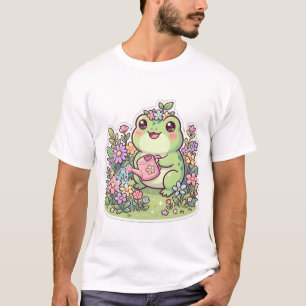 Süßes Kawaii-Frosch-Garten-T-Shirt mit Blumen T-Shirt