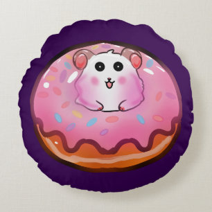 Süßes Kawaii-Hamster-in-Rosa-Glasur-Donut-Kunstwer Rundes Kissen