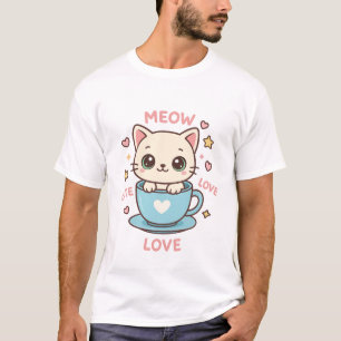 Süßes Kawaii-Kätzchen in blauer Teetasse - Miau Li T-Shirt