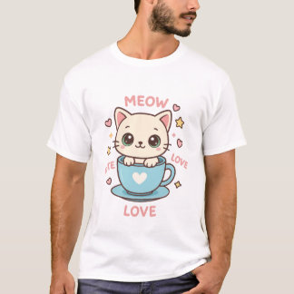 Süßes Kawaii-Kätzchen in blauer Teetasse - Miau Li T-Shirt