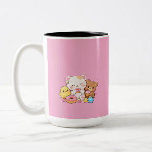 Süßes Kawaii-Katze, Küken und Teddybär-Pastell-Don Zweifarbige Tasse