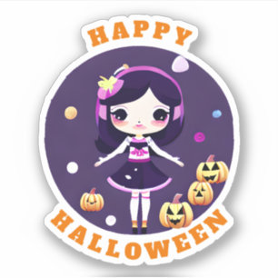 Süßes Kawaii-Mädchen mit Kürbissen Halloween Aufkleber