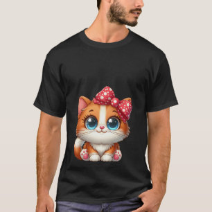 Süßes Kawaii Orange Kitten Roter Polka Punkt Bogen T-Shirt