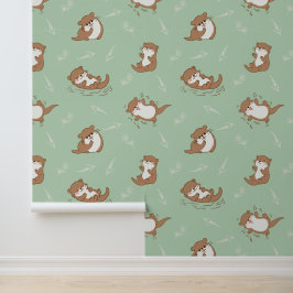 Süßes Kawaii-Otter-Nahtloses Muster auf Salbeigrün Tapete