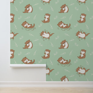 Süßes Kawaii-Otter-Nahtloses Muster auf Salbeigrün Tapete