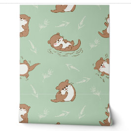 Süßes Kawaii-Otter-Nahtloses Muster auf Salbeigrün Tapete