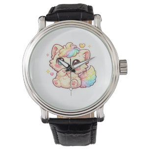 Süßes Kawaii-Regenbogen-Kätzchen-Pastell-Fluffiges Armbanduhr