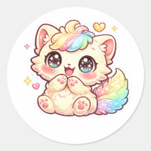 Süßes Kawaii-Regenbogen-Kätzchen-Pastell-Fluffiges Runder Aufkleber