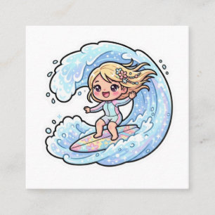 Süßes Kawaii-Surfmädchen Ozeanwelle Sommer-Sticker Quadratische Visitenkarte