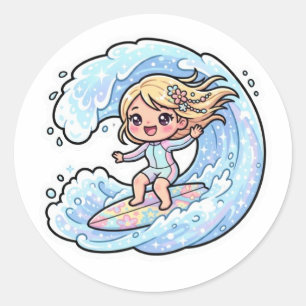 Süßes Kawaii-Surfmädchen Ozeanwelle Sommer-Sticker Runder Aufkleber